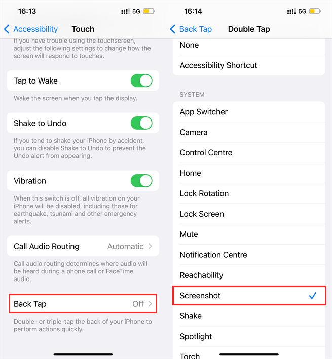 iPhone Back Tap settings screen showing options to assign double-tap and triple-tap actions for quick access to features like Screenshot and Control Center