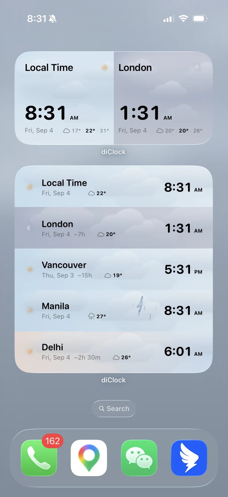 diClock widget showing two cities side by side